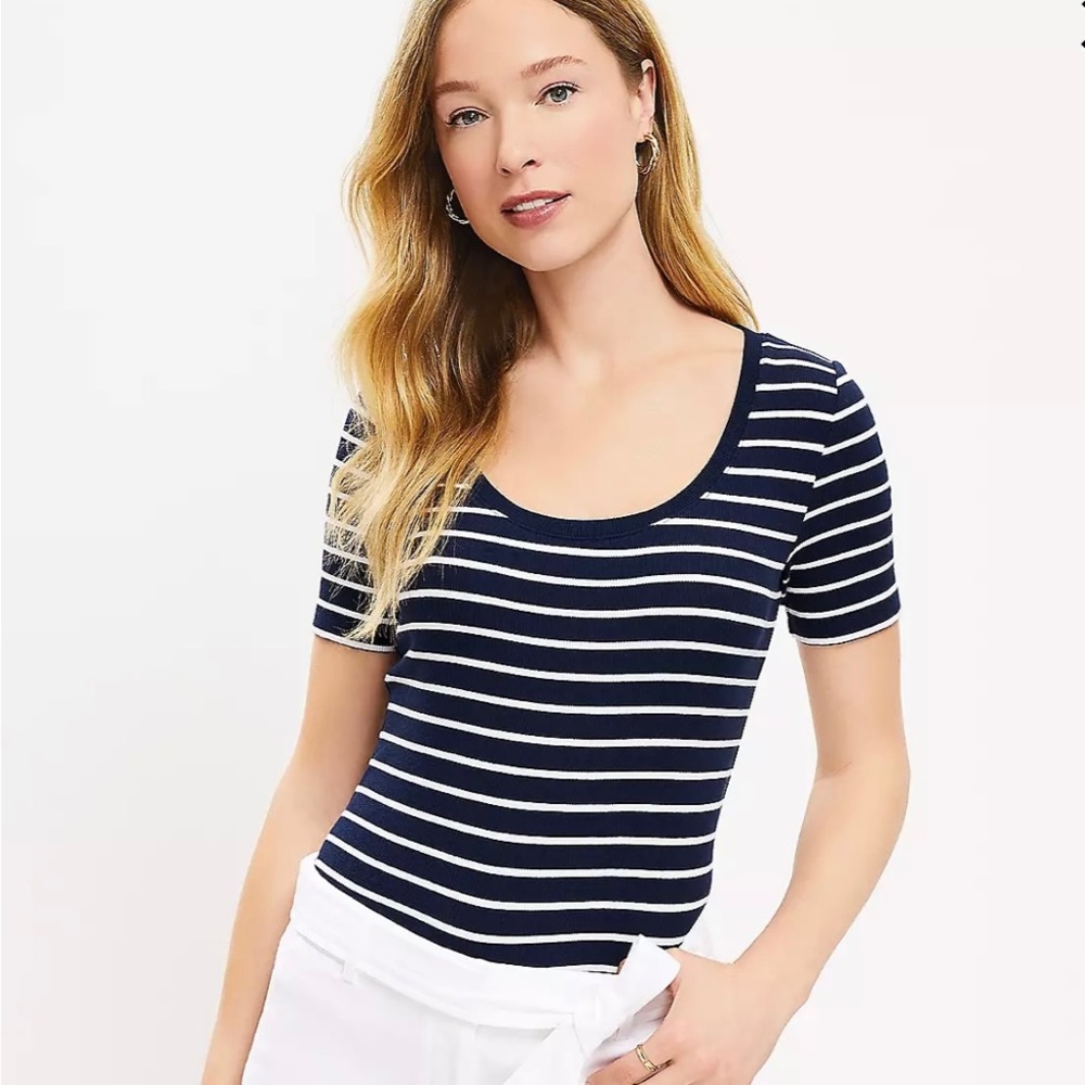 LOFT, Striped Scoop Neck Perfect Tee, Navy Blue, XL, NWT